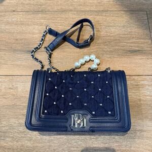 Badgley Mischka Denim Diamond Quilted Crossbody Bag Purse w/Faux Pearls